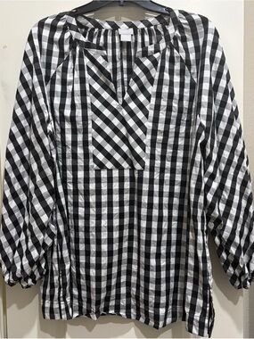 Black & White Gingham Peasant Blouse - Chicos. Size 3